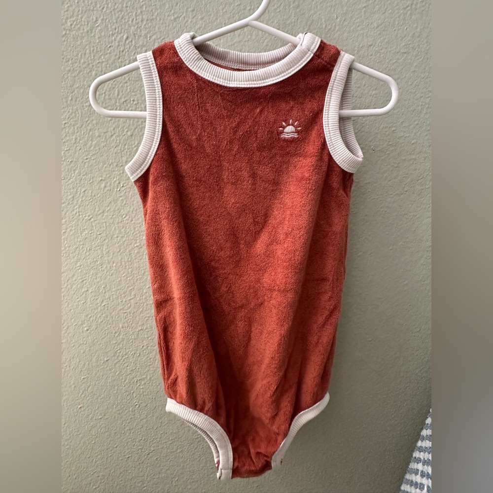 Little Co Sleeveless Terry Bodysuit - Rust with White Trim